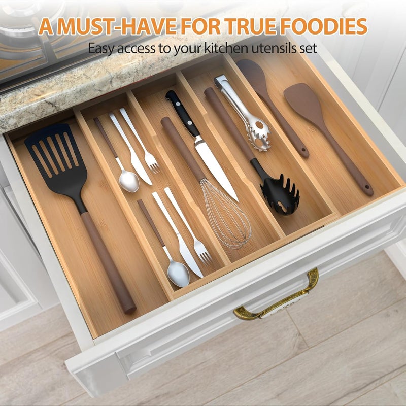 FoverOne Bamboo Expandable Kitchen Drawer Organizer, 13" to 23" Adjustable Utensils and Cutlery Tray, Wood Drawer Organizer for Silverware Flatware - Image 4